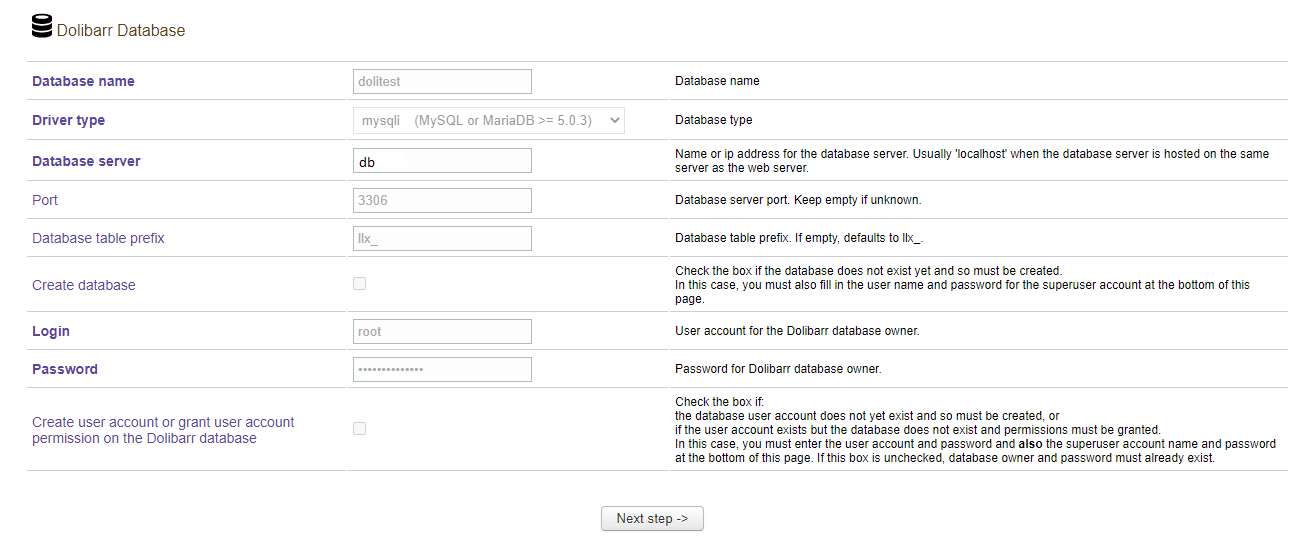 Dolibarr Database Config