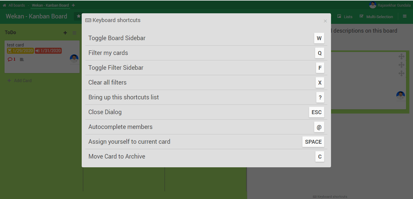 Wekan Board Shortcuts