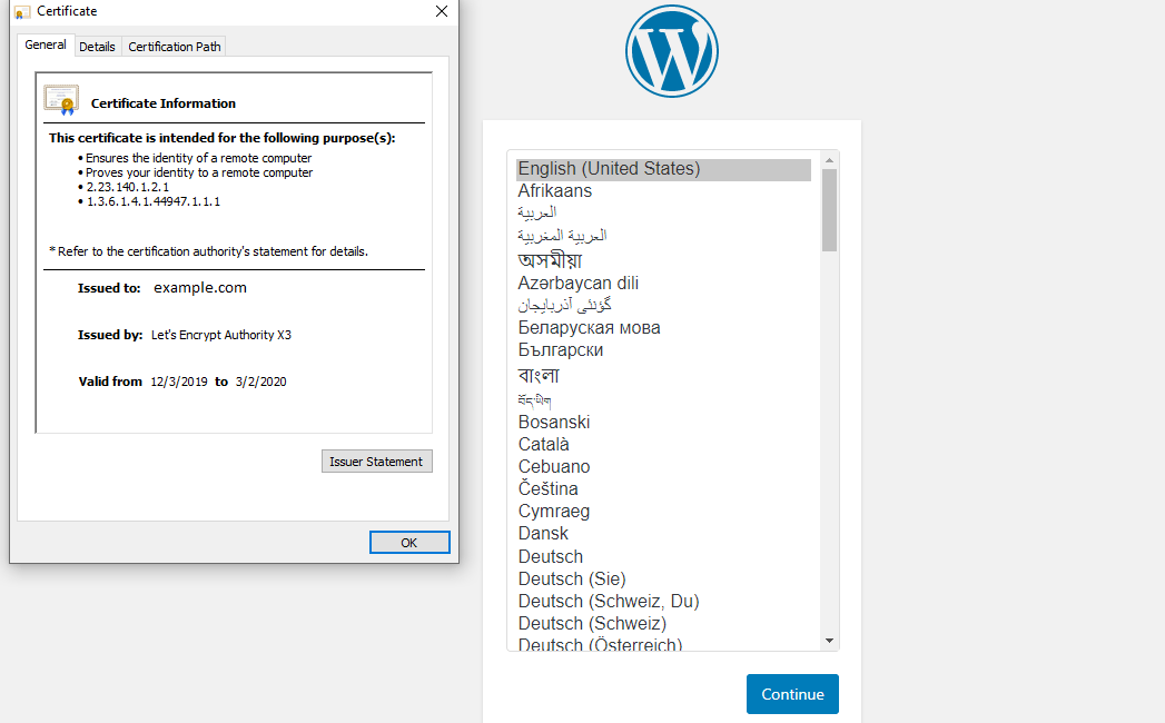 WordPress Installation - Language Selection